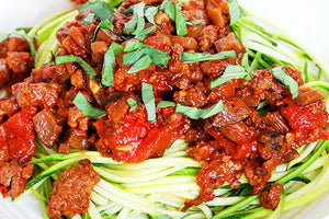 EGGPLANT BOLOGNESE WITH ZUCCHINI NOODLES