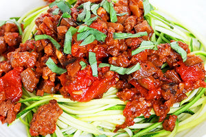 EGGPLANT BOLOGNESE WITH ZUCCHINI NOODLES